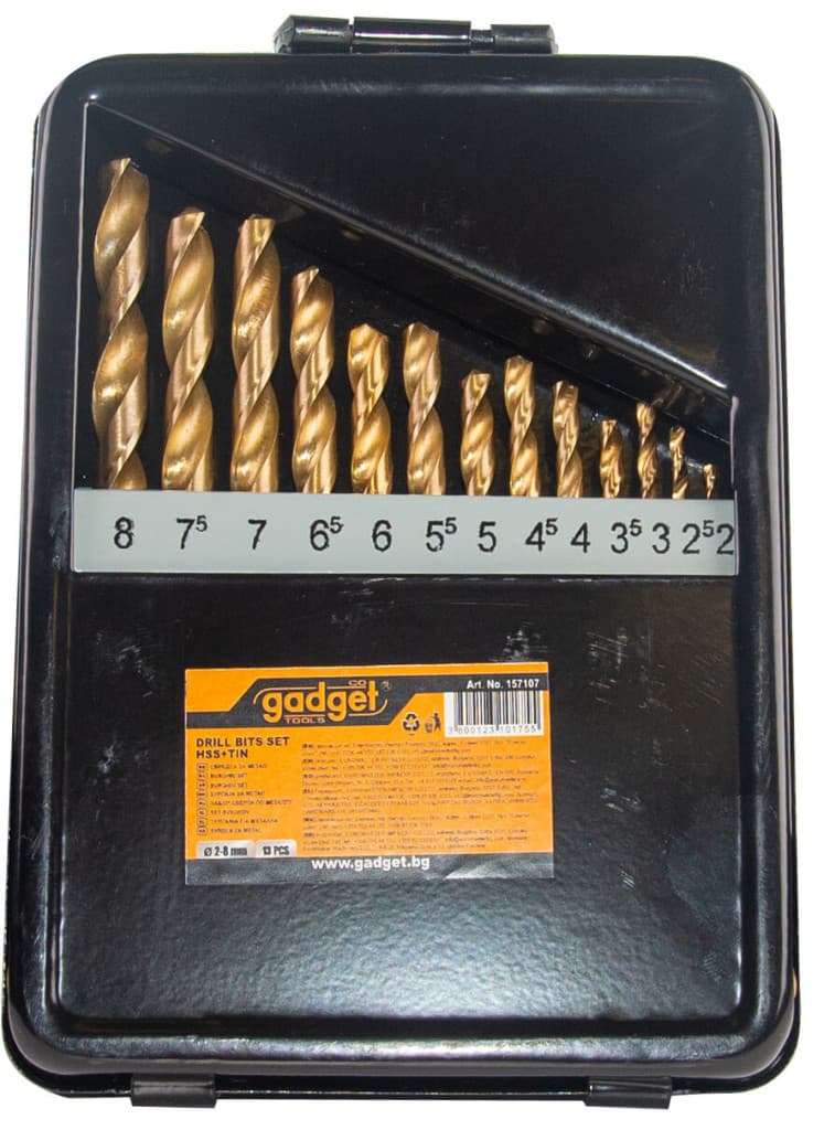 Свредла за метал 13бр ø2.0-8.0mm к-т HSS + TIN мeтал.кут. GADGET