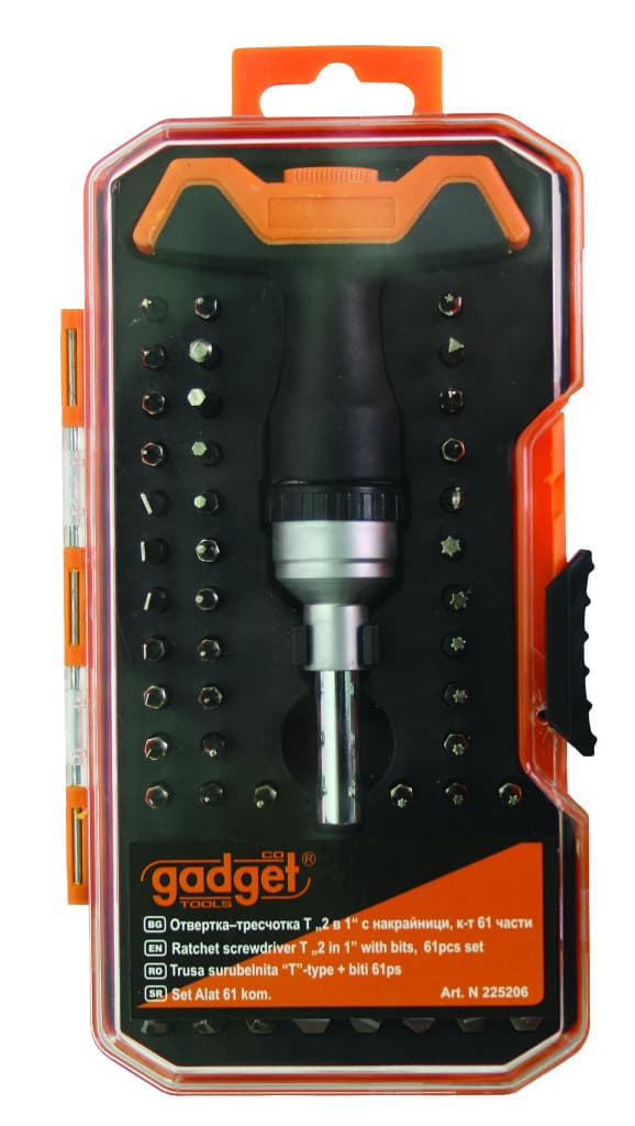 Отвертка-тресчотка Т дръжка "2 в 1" с накр. к-т 61 части GADGET